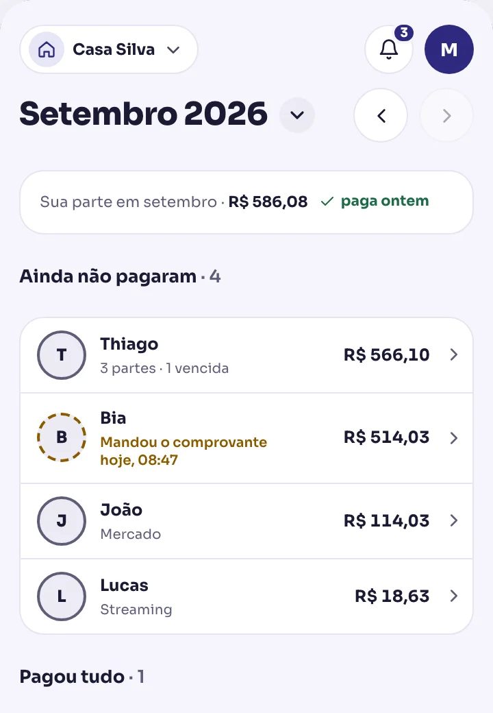 Tela de Pagamentos do Quital? mostrando, pessoa por pessoa, quem já pagou e quem ainda não.